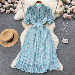Party Dresses Korejepo Chiffon Dress 2023 Summer Style Waist Closure Slim Wood Ear Panels Clothes Short Sleeve Floral Pleated