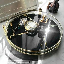 Organisation Black Marble Pattern Mirror Tray Creative Dressing Table Metal Round Plate Storage Tray Living Room Decoration