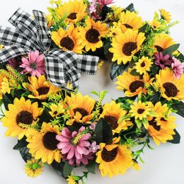 Decorative Flowers Beautiful Weather-resistant Full Bloom Spring Summer Sunflower Bow Wreath Realistic Looking Door Hanging Home Supply