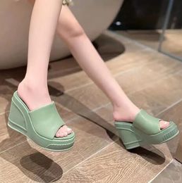 Classic women One line sandals sexy slippers shoes Wedge heel thick water table cool shoe 12.5cm high heeled factory shoe 35-42 Women's comfortable casual shoes