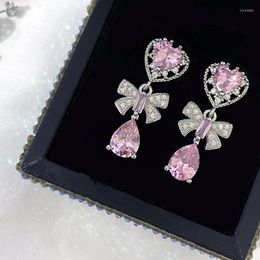 Dangle Earrings Luxury Pink Love Heart Water Drop For Women Crystal Cubic Zircon Bow Tassel Long Korean Jewellery Gift