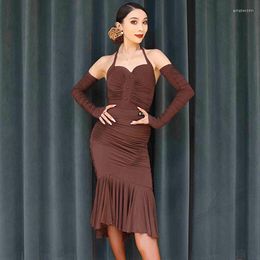 Stage Wear Latin Dance Clothes Women Adult Brown Tops Skirt Sexy Practice Rumba Ballroom Dress Club Performance Costume DNV17608