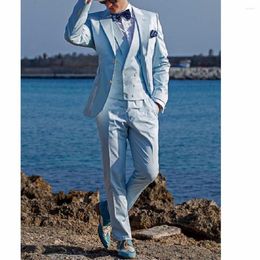 Men's Suits 2023 Arrival Groomsmen Notch Lapel Groom Tuxedos Baby Blue Men Wedding Male Blazer ( Jacket Pants Tie Vest )