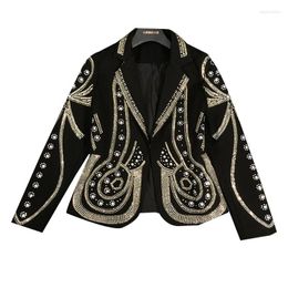 Stage Wear Turn-down Collar Jacket Black Dance Costume Women Nightclub Dj Metal Beaded Suit Fashion Party Rave Outfit Coat Blazer