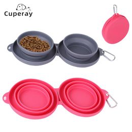 Feeding Foldable Dog Bowls Silicone Thickened Double Bowl for Pet Outdoor Portable Cat Dog Feeders Double Bowl Dog Food Container