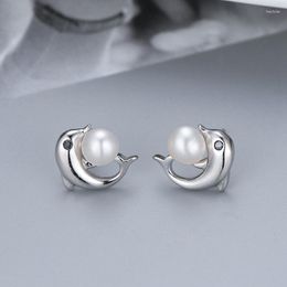 Stud Earrings Pure 925 Sterling Silver Dolphin Trendy Pearl Earring For Women Anniversary Party Fine Jewellery Wholesale