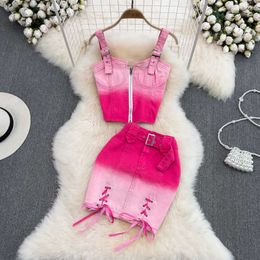 Two Piece Dress PREPOMP 2022 Gradient Pink Sleeveless Slim Tank Top Vest High Waist Short Bandage Denim Skirt Belt Two Piece Set Outfits GF443 J230506