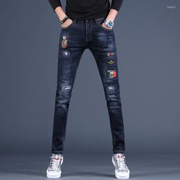 Men's Jeans Autumn Men Blue Embroidered Ripped Straight Slim Fit Stretch Jean Pants Fashion Streetwear Denim Trousers
