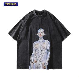 Men's T-Shirts Vintage Tshirt Men Streetwear Hip Hop Portrait Robot Graphics Print Distressed T-Shirt Harajuku Summer Cotton Washed Tshirt 230506