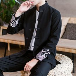 Men's Jackets Spring Autumn Men Jacket Black Print Tang Suit Stand Collar Cardigan Male Tops Casual Shirt Plus Size 3XL 4XL 5XL