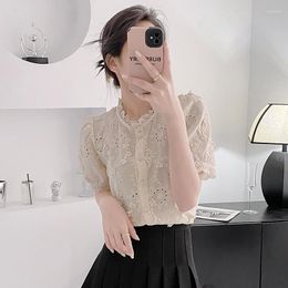 Women's Blouses Summer 2023 Fashion Elegant Plain Embroidered Flower Pearl Single Breasted Women Shirt Casual Loose Top Puff Sleeve Blouse