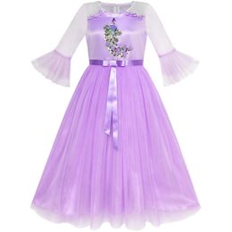 Vestido de menina vestido de flor de menina pavão roxo pavão ombro de campainha 2023 Summer Princess Wedding Party Tamanho 6-12 Carnival vestidos
