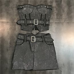 Two Piece Dress PREPOMP Sleeveless Strapless Diamonds Black Slim Tank Top Vest Short Bodycon Skirt Belt Set Outfits GH708 230506