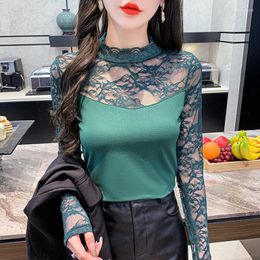 Women's Blouses Woman Spring Autumn Style Lace Shirts Lady Casual Long Sleeve Turtleneck Patchwork Blusas Tops DD9554