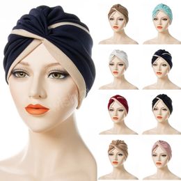 2023 Headband Hat Two-Color Stitching Crossed Turban Caps Muslim Fashion Indian Bonnet For Lady Wrap Head