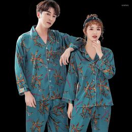 Women's Sleepwear Spring Autumn Couple Pajamas Sets Floral Printed Male And Female Silk Night Suit