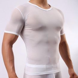 Men's T Shirts Summer T-shirt O-neck Short Sleeve Fitness Top Ultra-thin Solid Colour Men See-through Mesh Sport Streetwear