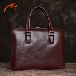 Briefcases Vintage Men's Briefcase Genuine Leather Original Casual Handbag Man Business Shoulder Bag Brown For 14 Inch Laptop NUPUGOO 230506