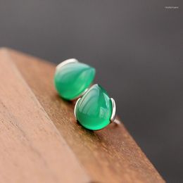Stud Earrings Authentic 925 Sterling Silver Lady Retro Style Charm Little Earring Inlaid Natural Green Agate Earing Trendy Jewelry Gift