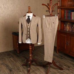Men's Suits 2023 Brown Classic Plaid Tweed Men Trousers Slim Fit Groom Wedding Tuxedo Male Formal Business Just For Pants