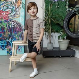 T shirts Brown denim colorblock set boys round neck opening asymmetrical bottom soft material kids t summer short long sleeve 230506