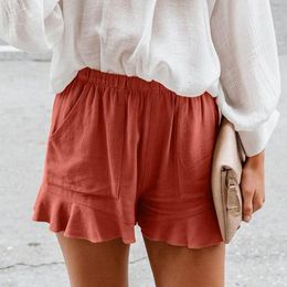 Women's Shorts Linen Summer High Waist Elastic Pockets Ruffles Straight Fashion Casual Solid Colour Loose Straight-Leg Wide