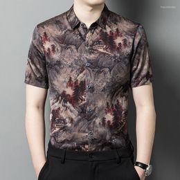 Men's Casual Shirts Chinese Style 3D Print For Men Silky Luxury Short Sleeved Summer Quality Silks And Satins Vintage Camisa Masculina