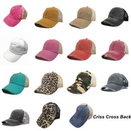 Criss Cross Ponytail Hat Mesh Back Ponytail Baseball Cap 15 Colours Washed Distressed Messy Bun Ponycaps Trucker Hats