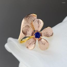 Cluster Rings Real 925 Sterling Silver Inlaid Natural Lapis Lazuli 18K Gold Plated Petal Fashion Women Opening Adjustable Ring