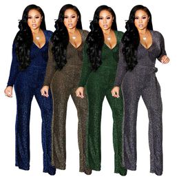 Women's Jumpsuits & Rompers Woman Glitter Sparkly Wide Leg For Women Elegant Sexy Plus Size Long Sleeve Casual Dressy Pants Clubwear