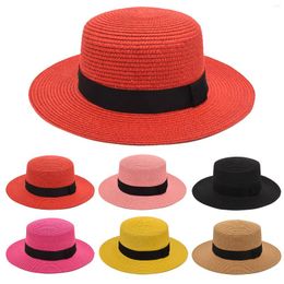 Wide Brim Hats Mens And Womens Square Buckle Dome Panama Lafite Flat Top Straw Hat Summer Travel Sunshade Sun Women's Cloth Black