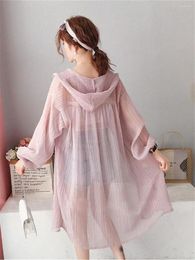 Women's Knits 2023 Summer Women Casual Hooded Blouse Solid Chiffon Button Shirt Sun Protection Long Clothing Plus Size 4XL