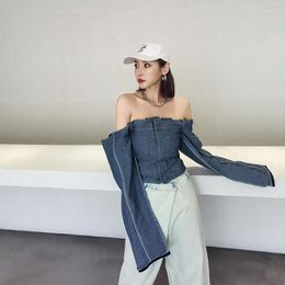 Women's Jackets European Spring Fabrics Reverse Wear Frayed Off The Shoulder Open Back Denim Women Cropped Tops Fashion Streetwear
