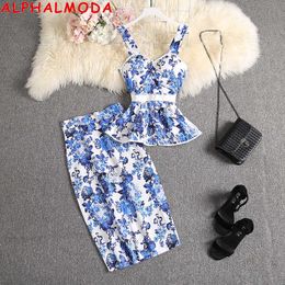 Two Piece Dress LMODA 2020 New Sweet Tank Top Straight Skirt Women 2pcs Suit Ruffled Printed Blouses Outfit Knee Length Skirt Set J230506