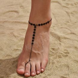 Black Color Round Link Chain Anklets Connecting Foot Leg Rings Ankle Bracelet for Women Summer Barefoot Sandal Jewelry Gift