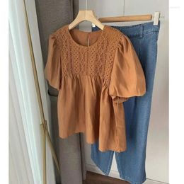 Women's Blouses Summer 2023 Korean Version Openwork Puff Sleeve Doll Shirt Woman Casual Loose Slim Paneled Chiffon Top Clothing