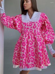 Casual Dresses Korea Fashion Pink Lovely Lantern Sleeve Leopard Print Long A Line Dress Doll Collar Women 2023