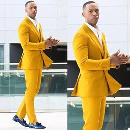 Men's Suits Yellow Soild Men's Groom Wedding Tuxedos For Prom Party Dinner 2 Pieces Double Breasted Jacket With Pants Arrival