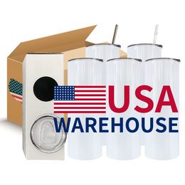 USA CA Warehouse 20oz Sublimation Blanks Water Bottles Straight Stainless Steel Tumblers Coffee Mugs with Lid and Plastic Straws