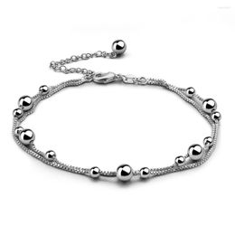 Anklets Charm Fashion 925 Sterling Silver Double Box Chain Anklet Bracelet Simple Adjustable Cute Bell Gift For Women & Girl-B