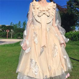 Casual Dresses Japanese Sweet Lolita Dress Women Mesh Long Sleeve Feather Embroidery Bow Ruffles Fairy Spring Party Costumes