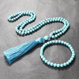 Pendant Necklaces 6mm Blue Turquoise Women Bracelet Men Boheimia Nature Stone Blessing Tassel Yoga Prayer Jewellery Gift