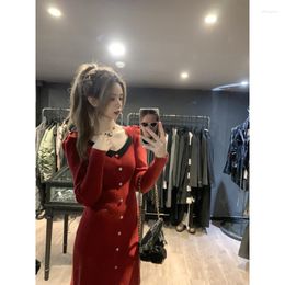 Casual Dresses Korobov Y2k Clothes Square Collar Slimming Skirt Vestidos Contrasting Colours Christmas Sweater Sexy For Women 2023