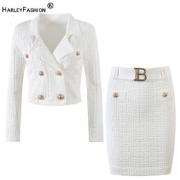 Two Piece Dress Brand Fall Women Stretch Knit Sets Texture Pattern Long Sleeve Cardigan Sweater Tops Slim Skirt Belt 2 Colour Option OL 230506