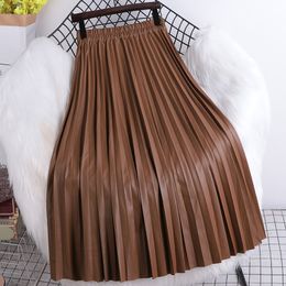 Skirts Pleated PU Skirt Women Autumn Clothing Elegant Fashion High Waist Office Ladies Solid Color Long Big Swing Winter