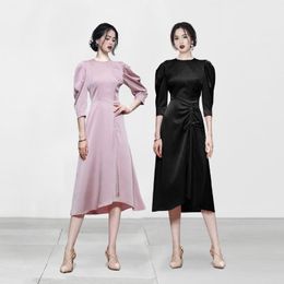 Casual Dresses Women Long Dress Autumn 2023 Office Lady Korea Style Full Sleeve Solid O-Neck High Waist Zipper Pink Black