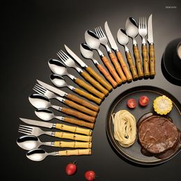 Dinnerware Sets 5Pcs/Set Set Bamboo Tableware Stainless Steel Nature Handle Retro Cutlery Steak Knives Table Fork Spoon Dessert