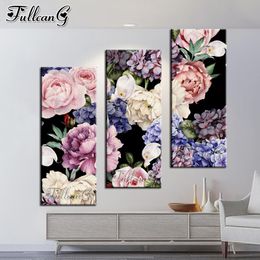 Stitch FULLCANG Colourful peony flowers extra large triptych diamond painting cross stitch diy 5d mosaic embroidery home decor FG1032