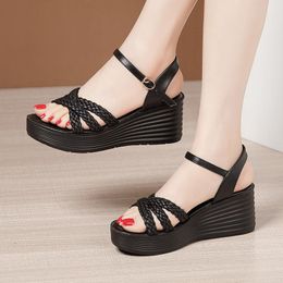 Sandals 7cm Small Big Size 32-43 Knit Platform Wedges Summer 2023 All Match Daily High Heels Women For Office