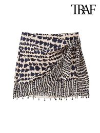 Skirts TRAF Women Fashion With Beaded Print Wrap Mini Skirt Vintage High Waist Back Zipper Female Mujer 230508